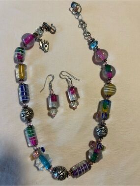 Handcrafted Multicolor Murano-Style Glass Bead Necklace & Earrings Set